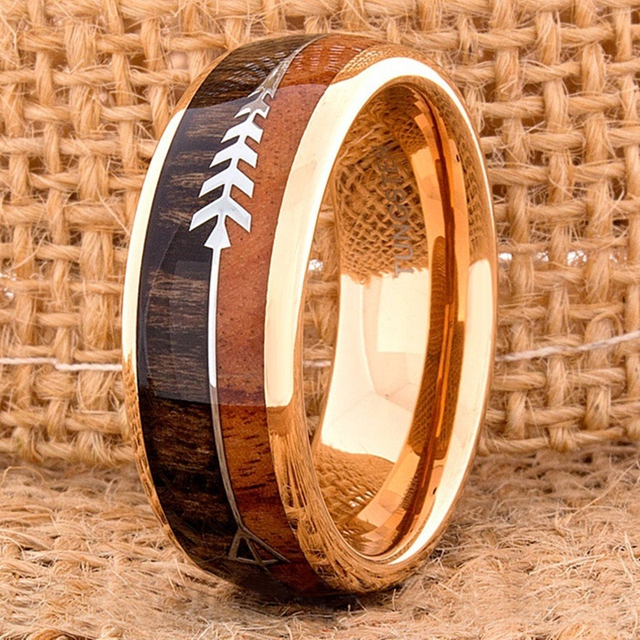 Pierścień obrączkowy męski 8MM z różowego złota, wolframu i drewna karbidowego z inkrustowaną strzałką - biżuteria ślubna - Wianko - 4
