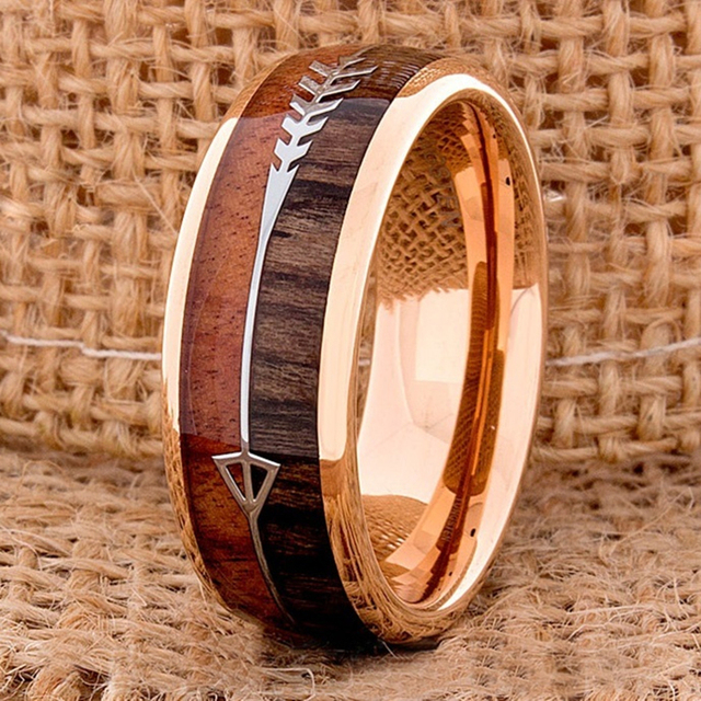 Pierścień obrączkowy męski 8MM z różowego złota, wolframu i drewna karbidowego z inkrustowaną strzałką - biżuteria ślubna - Wianko - 2
