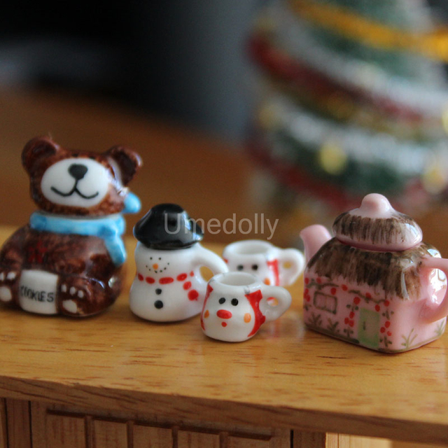 Domek dla lalek porcelana Snowman - zestaw filiżanek do herbaty i mini czajniczek w skali 1/12 dla kuchni lalek - dekoracje bożonarodzeniowe - Wianko - 2