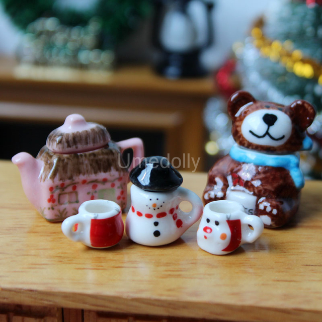 Domek dla lalek porcelana Snowman - zestaw filiżanek do herbaty i mini czajniczek w skali 1/12 dla kuchni lalek - dekoracje bożonarodzeniowe - Wianko - 1