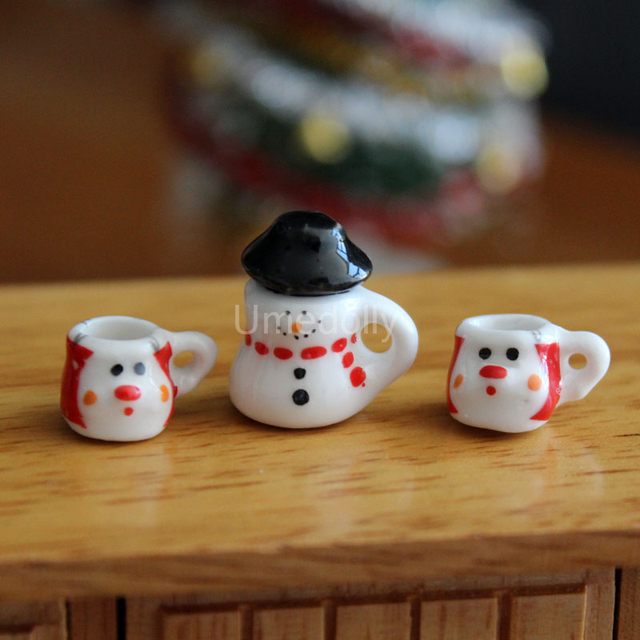 Domek dla lalek porcelana Snowman - zestaw filiżanek do herbaty i mini czajniczek w skali 1/12 dla kuchni lalek - dekoracje bożonarodzeniowe - Wianko - 3