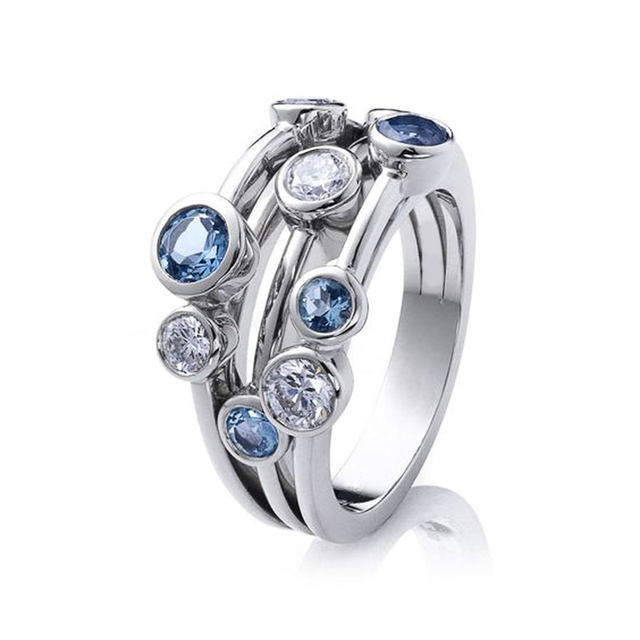 Pierścień CAOSHI modny, srebrny, z inkrustacją białej i niebieskiej cyrkonii, w stylu prostym, 3 wiersze dla kobiet - Wianko - 1