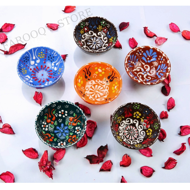 Multikolorowy zestaw 6 ręcznie malowanych misek z ozdobnym wzorem tureckiego ceramiki - autentyczne, pomarańczowo-kokosowe - Wianko - 2