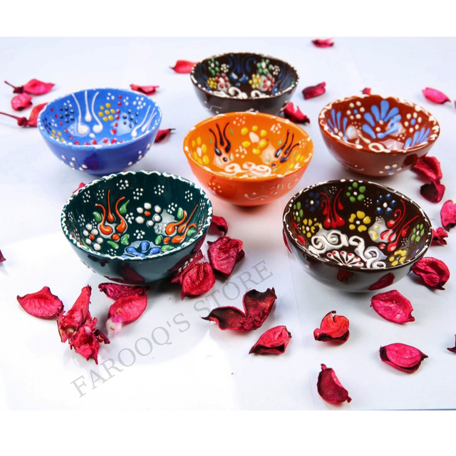 Multikolorowy zestaw 6 ręcznie malowanych misek z ozdobnym wzorem tureckiego ceramiki - autentyczne, pomarańczowo-kokosowe - Wianko - 1