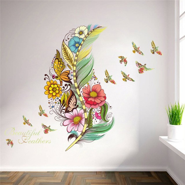 Naklejki ścienne 3D z motywem pióra, motyla, ptaka i kwiatów - Wianko - 9
