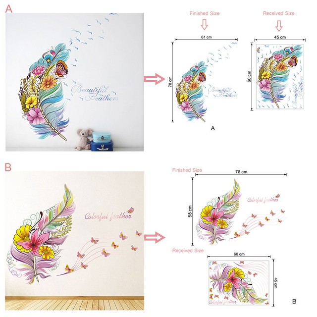 Naklejki ścienne 3D z motywem pióra, motyla, ptaka i kwiatów - Wianko - 1