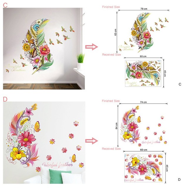 Naklejki ścienne 3D z motywem pióra, motyla, ptaka i kwiatów - Wianko - 2
