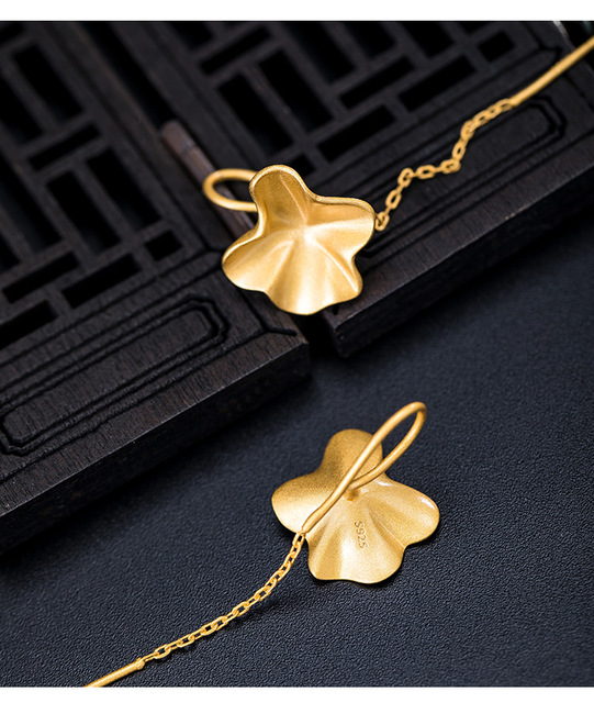 Kolczyki wiszące z lotosowym liściem - srebro S925, 18k złote wykończenie, w stylu vintage, handmade - Wianko - 9