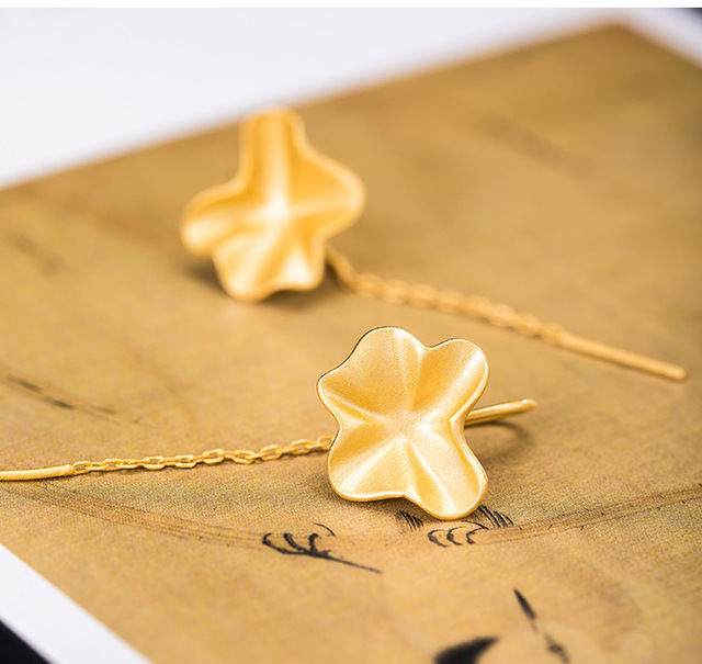 Kolczyki wiszące z lotosowym liściem - srebro S925, 18k złote wykończenie, w stylu vintage, handmade - Wianko - 8