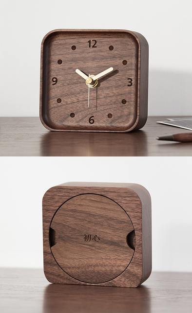 Mini zegar biurkowy z litego drewna kwadratowy, kolor czarny orzech, ozdobiony zegarami igłowymi - idealny do dekoracji domu i biura - Wianko - 13