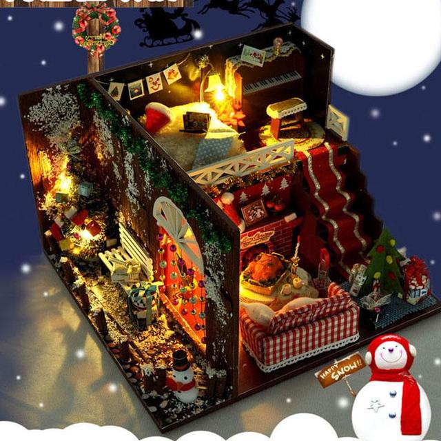 Domek dla lalek Christmas Gift miniaturowy zestaw realistyczny 3D drewniany dom z meblami, puzzle Craft z oświetleniem LED dla dzieci - Wianko - 1