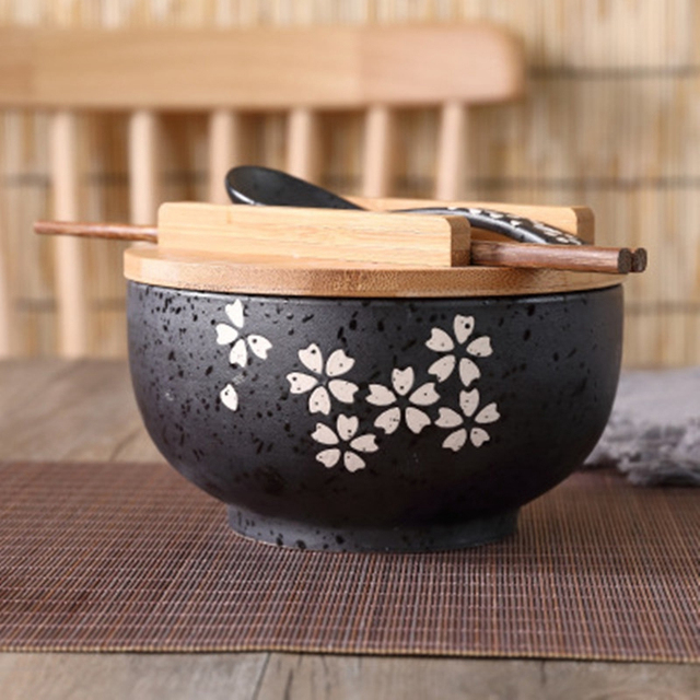 Japońska miska Instant Noodles ceramiczna z pokrywką i drewnianymi pałeczkami - Wianko - 2