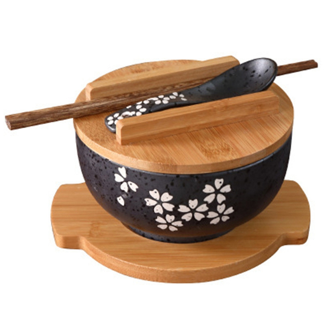 Japońska miska Instant Noodles ceramiczna z pokrywką i drewnianymi pałeczkami - Wianko - 4