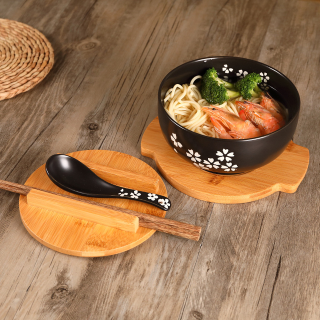 Japońska miska Instant Noodles ceramiczna z pokrywką i drewnianymi pałeczkami - Wianko - 6
