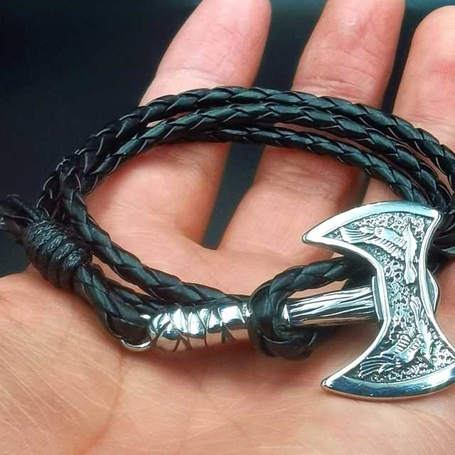 Męska bransoletka Viking Raven Axe Wrap wykonana ręcznie z wyjątkowej biżuterii i skóry - Wianko - 2