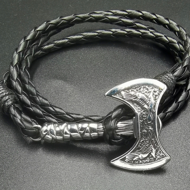 Męska bransoletka Viking Raven Axe Wrap wykonana ręcznie z wyjątkowej biżuterii i skóry - Wianko - 1