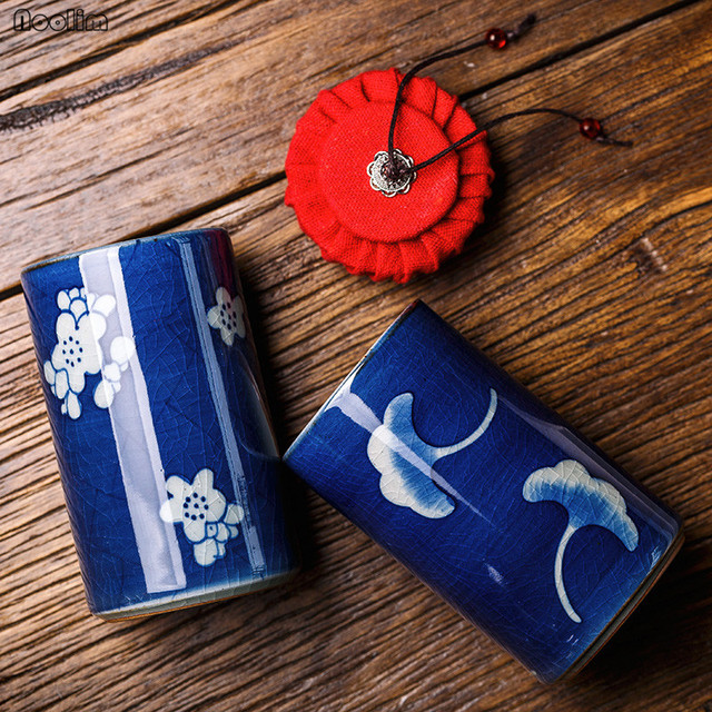 Puszka na herbatę NOOLIM w stylu retro - ręcznie malowane, niebieskie, białe porcelanowe zamknięcie - Wianko - 4
