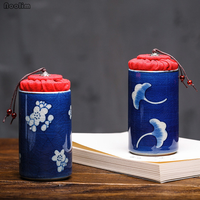 Puszka na herbatę NOOLIM w stylu retro - ręcznie malowane, niebieskie, białe porcelanowe zamknięcie - Wianko - 3