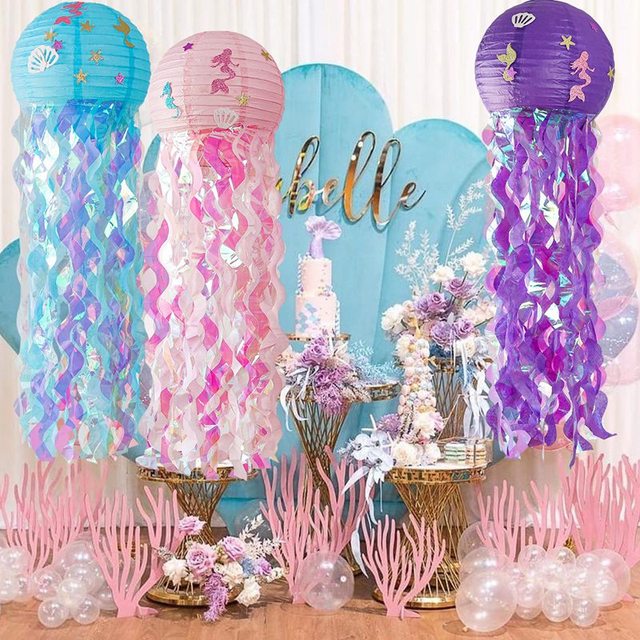 Dekoracja na imprezę Syrenka - latarenka meduza ze wzorem podwodnego świata - urodziny, Babyshower i inne imprezy dziewczynki - DIY - papierowa latarnia - Wianko - 1