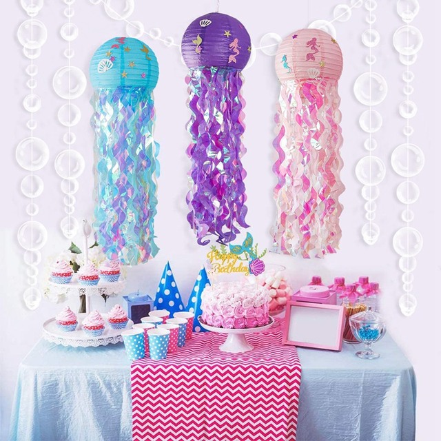 Dekoracja na imprezę Syrenka - latarenka meduza ze wzorem podwodnego świata - urodziny, Babyshower i inne imprezy dziewczynki - DIY - papierowa latarnia - Wianko - 2