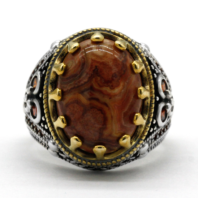 Męski pierścień z naturalnym szalonym agatem, wykonany z nowego turcja 925 Sterling Silver - Wianko - 6