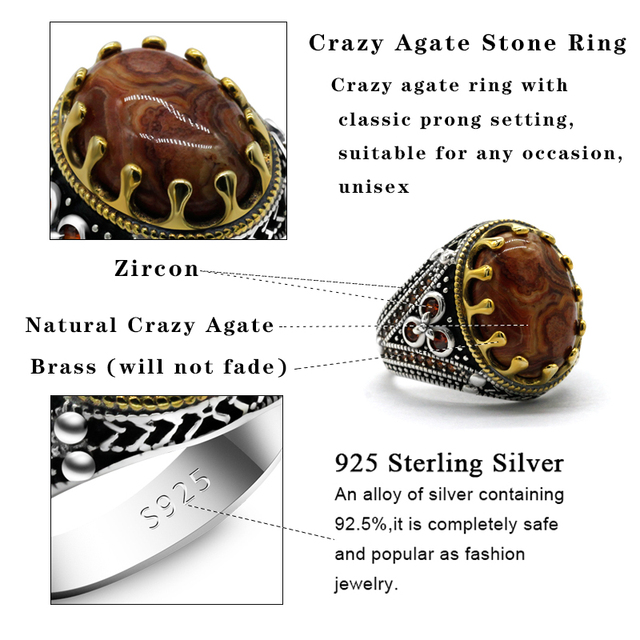 Męski pierścień z naturalnym szalonym agatem, wykonany z nowego turcja 925 Sterling Silver - Wianko - 2
