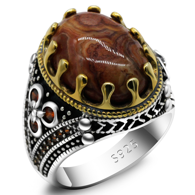 Męski pierścień z naturalnym szalonym agatem, wykonany z nowego turcja 925 Sterling Silver - Wianko - 4