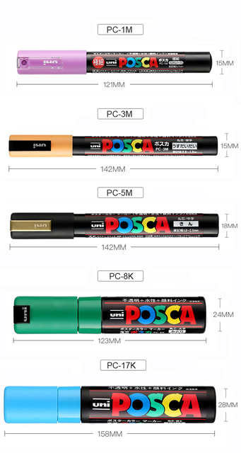 Zestaw pisaków UNI POSCA PC-1M, PC-3M, PC-5M - farba na bazie wody, główki o okrągłym kształcie dla komiksu, malarstwa, plakatów - Wianko - 2