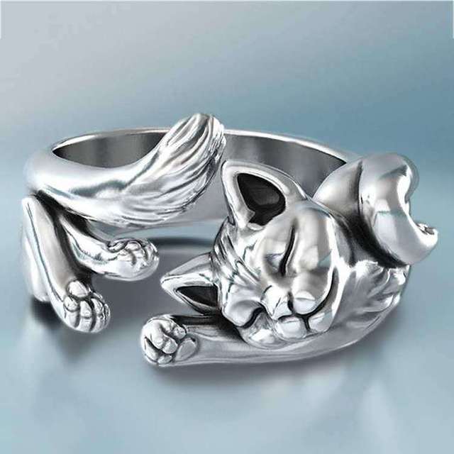 Regulowany pierścień o delikatnym kształcie słodkiego kociaka z otwarciem, srebrny, dla kobiet i dziewcząt - Wianko - 1