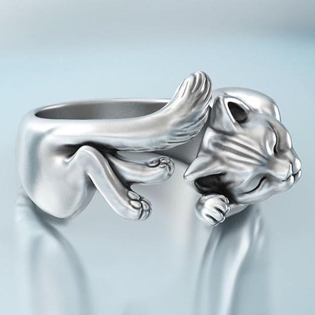 Regulowany pierścień o delikatnym kształcie słodkiego kociaka z otwarciem, srebrny, dla kobiet i dziewcząt - Wianko - 3