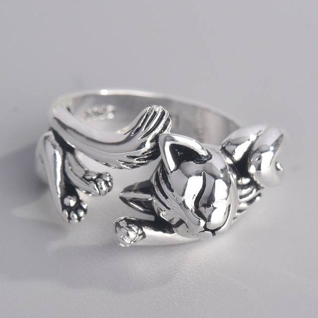 Regulowany pierścień o delikatnym kształcie słodkiego kociaka z otwarciem, srebrny, dla kobiet i dziewcząt - Wianko - 4
