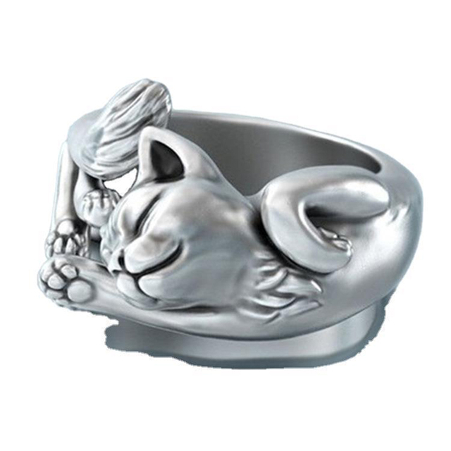 Regulowany pierścień o delikatnym kształcie słodkiego kociaka z otwarciem, srebrny, dla kobiet i dziewcząt - Wianko - 7