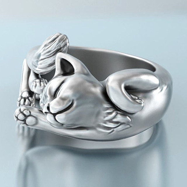 Regulowany pierścień o delikatnym kształcie słodkiego kociaka z otwarciem, srebrny, dla kobiet i dziewcząt - Wianko - 2