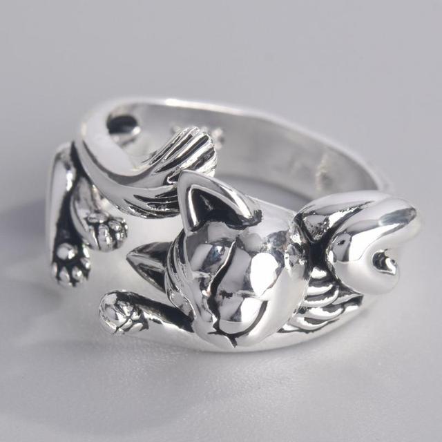 Regulowany pierścień o delikatnym kształcie słodkiego kociaka z otwarciem, srebrny, dla kobiet i dziewcząt - Wianko - 6