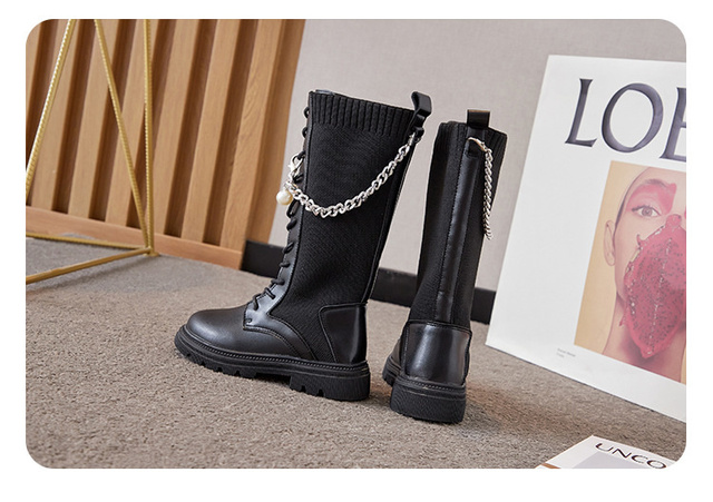 Buty zimowe dla dziewczynki - wysoka jakość i wygodna dzianina stretch - metalowy łańcuch - kolor czarny - Wianko - 14