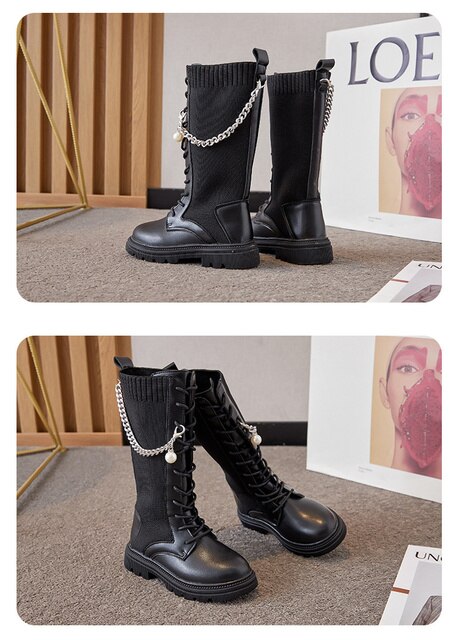 Buty zimowe dla dziewczynki - wysoka jakość i wygodna dzianina stretch - metalowy łańcuch - kolor czarny - Wianko - 13