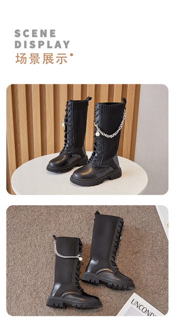 Buty zimowe dla dziewczynki - wysoka jakość i wygodna dzianina stretch - metalowy łańcuch - kolor czarny - Wianko - 12
