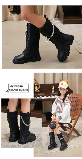 Buty zimowe dla dziewczynki - wysoka jakość i wygodna dzianina stretch - metalowy łańcuch - kolor czarny - Wianko - 10