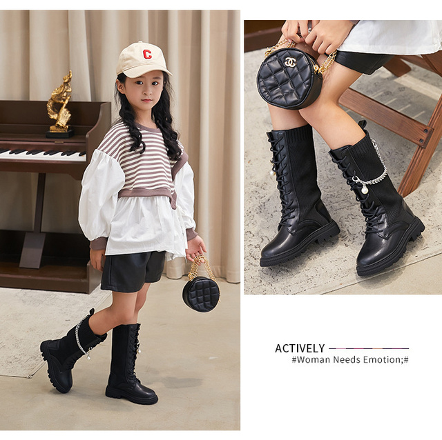 Buty zimowe dla dziewczynki - wysoka jakość i wygodna dzianina stretch - metalowy łańcuch - kolor czarny - Wianko - 9