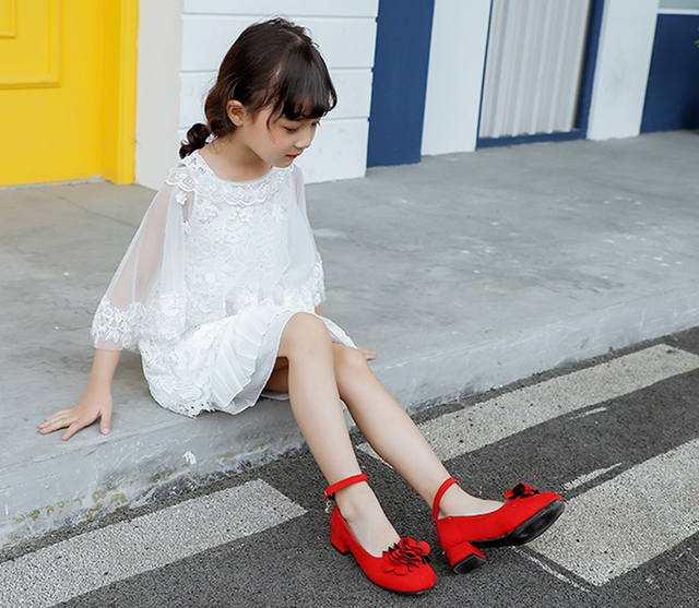 Czerwone wysokie obcasy skórzane buty kwiatowe dla dziewcząt (4-12 lat) - Wianko - 9