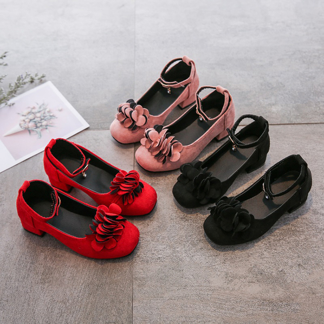Czerwone wysokie obcasy skórzane buty kwiatowe dla dziewcząt (4-12 lat) - Wianko - 3