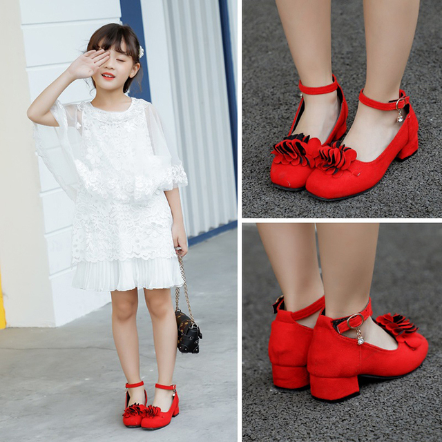 Czerwone wysokie obcasy skórzane buty kwiatowe dla dziewcząt (4-12 lat) - Wianko - 7