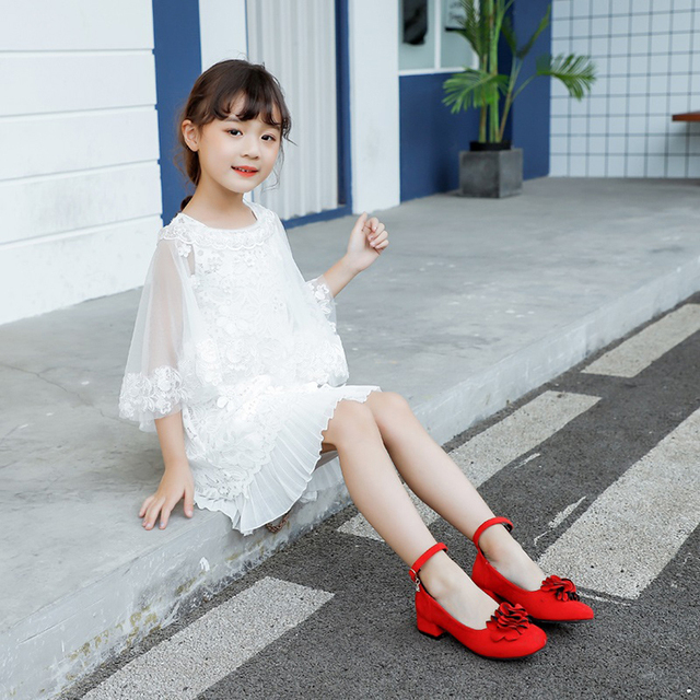 Czerwone wysokie obcasy skórzane buty kwiatowe dla dziewcząt (4-12 lat) - Wianko - 8