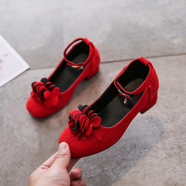Czerwone wysokie obcasy skórzane buty kwiatowe dla dziewcząt (4-12 lat) - Wianko - 5