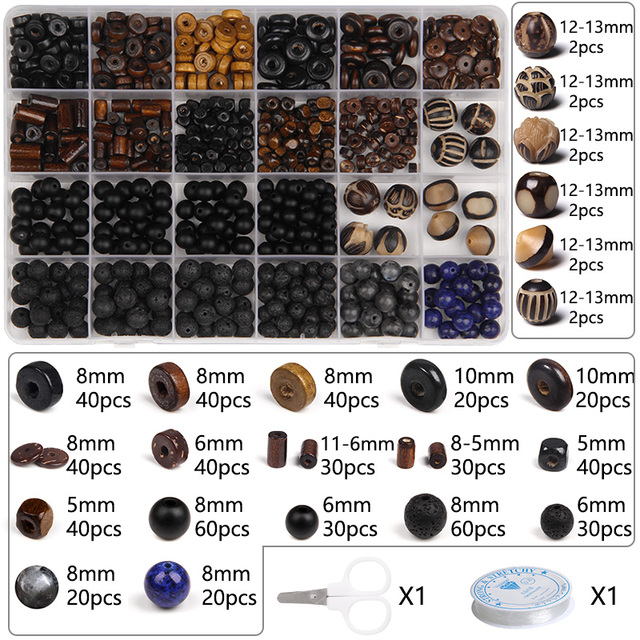 Zestaw drewnianych koralików z narzędziem, czarny brązowy, spacer, koraliki kokosowe, drewno, lawa, zawieszka lotos, do ręcznie robionej biżuterii DIY - Wianko - 21