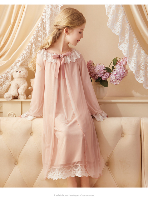 Długa bawełniana koszula nocna dla dziewczynek 2–12 lat – miękka koronkowa sukienka z małymi księżniczkami - Wianko - 11