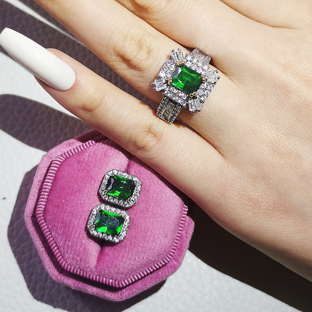 Nowość 2021: Luksusowy, zielony pierścionek z brylantami w 925 srebrze - Zestaw pierścionków zaręczynowych dla kobiet Z14 - Wianko - 42