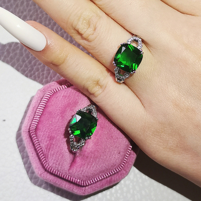 Nowość 2021: Luksusowy, zielony pierścionek z brylantami w 925 srebrze - Zestaw pierścionków zaręczynowych dla kobiet Z14 - Wianko - 18