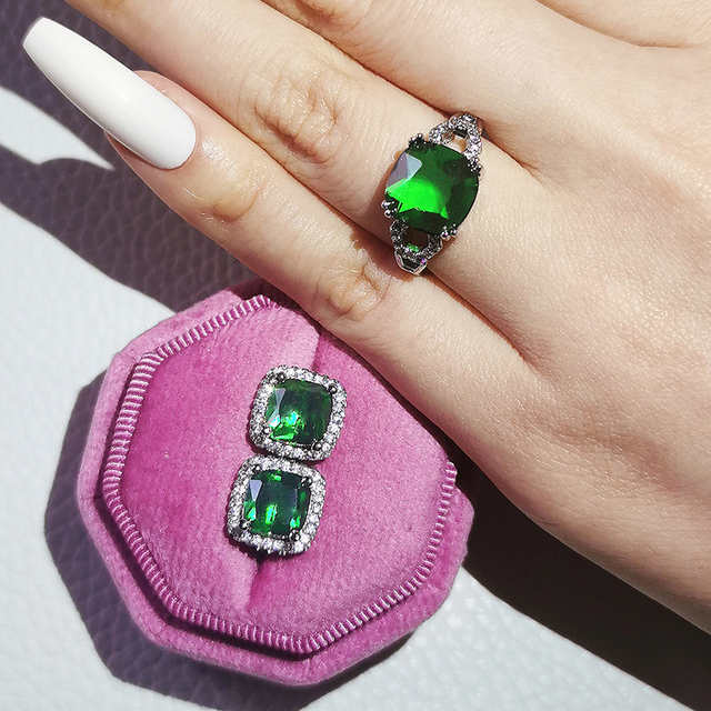 Nowość 2021: Luksusowy, zielony pierścionek z brylantami w 925 srebrze - Zestaw pierścionków zaręczynowych dla kobiet Z14 - Wianko - 37