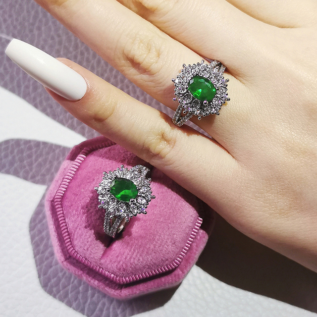 Nowość 2021: Luksusowy, zielony pierścionek z brylantami w 925 srebrze - Zestaw pierścionków zaręczynowych dla kobiet Z14 - Wianko - 25